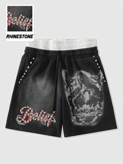 Street Life Men's Dual Waistband Sparkle Diamond Virgin Mary Print Shorts