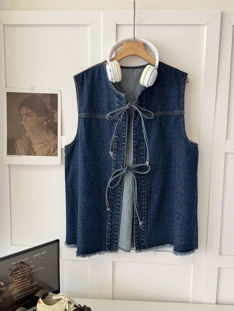Women's Round Neck Tie-Up Washed Denim Blouse, Spring/Summer