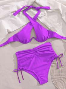 SHEIN Swim 女款素色鏤空掛脖綁帶性感比基尼泳衣套裝，附鋼圈，適合夏季海灘 - 紫色 - 查看 6