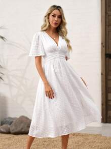 SHEIN Clasi Vestido de longitud media a la pantorrilla con abertura lateral, cinturado, de unicolor, verano para mujer