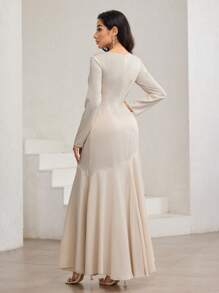 Veilorie Đầm dài tay đuôi cá xếp nếp màu trơn thanh lịch cho nữ - Màu be - Xem 6