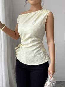 Elenzga Women's Summer Fashionable Shoulder Revealing Knotted Waist Hollow Out Shirt