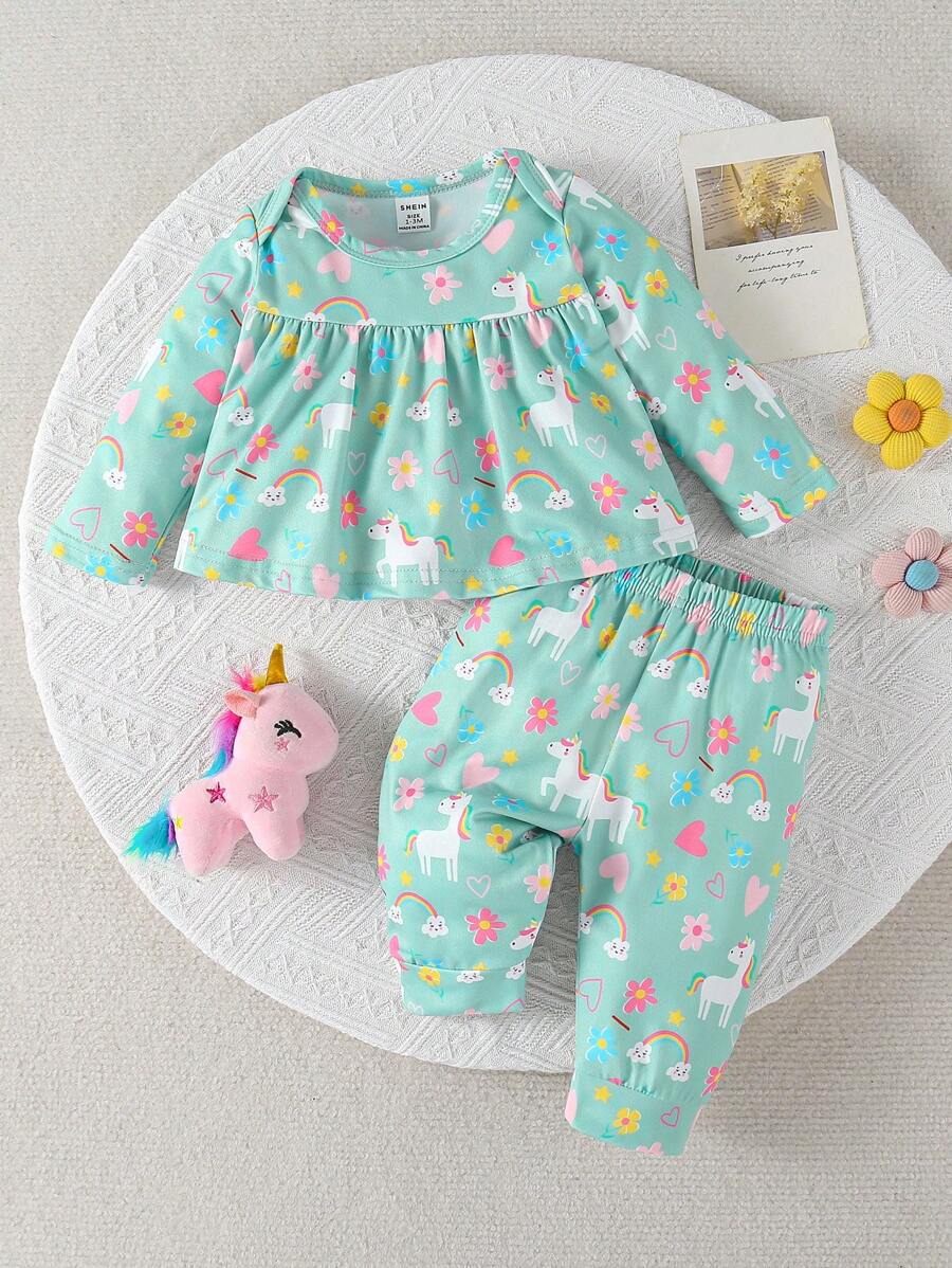 SHEIN Bộ đồ ngủ thường ngày 2 món họa tiết kỳ lân, cầu vồng, trái tim, hoa dễ thương cho bé gái màu xanh lá cây - màu xanh lá - Xem 1