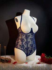 SpicyHot 加大码性感蕾丝拼布镂空内衣套装，带钢骨紧身胸衣，展现曲线 - 寶藍色 - 查看 5