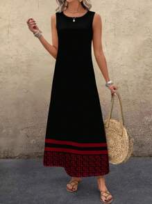 SHEIN LUNE Casual Retro Pattern Round Neck Women Tank Dress, Suitable For Summer - Multicolor - View 4
