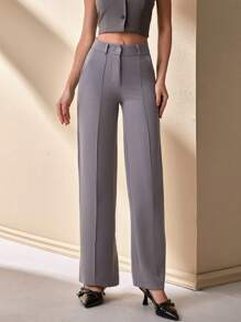 CLARA VERO Women's Solid Color Pintuck Elegant Straight Leg Trousers For Commuting - Grey - View 3