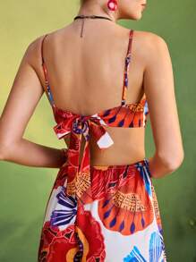 TIYA Frida Kahlo X SHEIN X Designer Summer Tropical Floral Printed Tie Backless Slip Jumpsuit , Women Vacation Outfits - Multicolor - View 3