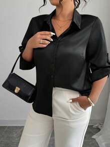 Elenzga Plus Size Women's Solid Color 3/4 Sleeve Elegant Satin Blouse Fall Cloth For Women