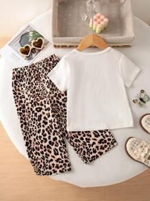 SHEIN 2 件套女婴夏季服装：圆领短袖豹纹蝴蝶结上衣和宽松豹纹直筒裤，带蝴蝶结装饰，复古休闲风格 - 彩色 - 查看 2