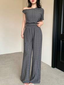 DAZY Damen Sommer & Frühling/Herbst Hohlmuster Jacquard asymmetrische Schulter locker lässig Sportbekleidung 2 Stücke Set Loungewear Sets für Damen Kurze Sets für Damen - Dunkelgrau - Übersicht 9