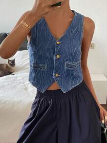 DAZY 女士休闲 V 领几何条纹开衫，度假风格夏季牛仔上衣 - 中等水洗藍 - 查看 3