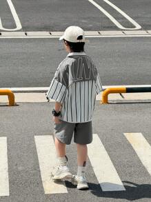 SHEIN 2-Pack Tween Boy Casual Sports College Artistic Style Retro Japanese And Korean Loose-Fitting Striped Lapel Shirt With Large Letter Pattern And Shorts Suit Suitable For Kids Outfits Toddler Boy Clothes Back To School Boys Set Suitable For Birthday Parties, Evening Parties, Performances, Weddings, Baptisms, Opening Ceremonies Daily Suitable For Daily Use Suitable For School Suitable For Travel Suitable For Sports Suitable For Spring And Summer Seasons