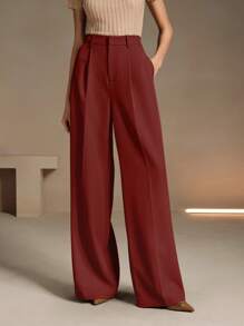 Anewsta 黑色宽松直筒腰头都市通勤西装裤 - 紅色 - 查看 5