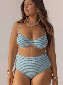 Aralina Conjunto de bikini con aros, cintura alta y rayas lindas y curvas con bolsa de natación para vacaciones y 4 de julio, perfecto para outfits de verano y días de playa