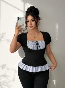 Elenzga 大码女式休闲条纹拼接黑色修身短袖荷叶边T恤 - 黑色 - 查看 6