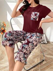 SHEIN 撞色口袋花卉印花短袖和九分裤两件套 - 酒紅色 - 查看 6