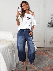 EMERY ROSE 女式休闲松紧腰宽松侧袋抽绳九分牛仔裤