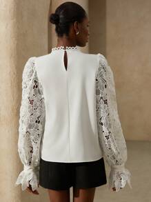 Aveloria Rosie Elegant Feminine Chic French Style Romantic Date Fancy Lace Patchwork Ruffled Round Neck Women's Shirt, Luxurious Premium Design, Puff Sleeve Fall Cloth For Women - White - View 2