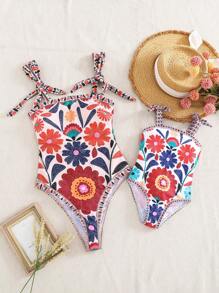 SHEIN LMoss Kids 少女热带海滩碎花蝴蝶结装饰连体泳衣，适合夏季海滩度假，母女/姐妹亲子装，家庭度假/假日亲子装