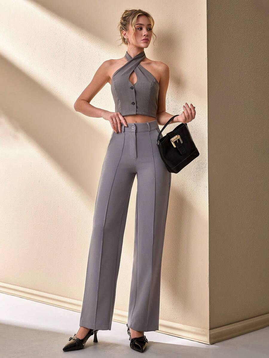 CLARA VERO Women's Solid Color Pintuck Elegant Straight Leg Trousers For Commuting - Grey - View 1
