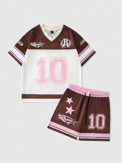 Street Life مجموعة قميص وشورت رياضي من نسيج لامع تحتوي على شبكة، طراز بدلة جرسي