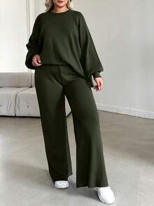 EURMUSE Plus Size Women Solid Color Raglan Lantern Sleeve Sweater & Knit Pants Casual Set - Army Green - View 7