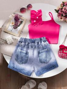 Tween Girls Summer Casual Holiday 2pcs Set: Solid Pearl Trim Cami Top & Denim Print Shorts Young Girls Sets Summer - Hot Pink - View 2