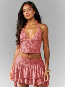 MISSGUIDED 花卉纹理吊带背心短款上衣节日海滩夏季吊带背心露背双层褶边 - 粉色 - 查看 6