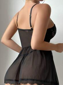 Snug Zone 3 件套对比色蕾丝网眼钢圈吊袜带内衣连衣裙 - 黑色 - 查看 2