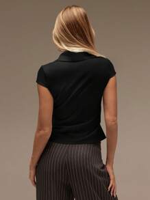 SHEIN Forever 21 春夏女装情人节/休闲/复古/节日/乡村音乐会/早午餐/返校基础款/狂欢节/节日/正式/西部/俱乐部/可爱/外出/度假/办公室/机场/街头/白色短袖半开襟T恤校服