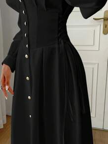 Modelyn Women's Front Button Solid Color Elegant Long Sleeve Dress Long Evening Dresses Button Up Shirt Dress - Black - View 4