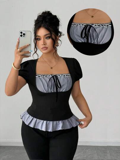 Elenzga Plus Size Women Casual Striped Patchwork Black Slim Fit Short Sleeve Peplum T-Shirt