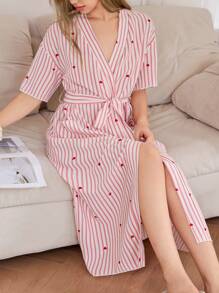 Dream Adore Striped Heart & Bubble Print Long Robe For Women