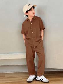 Ensemble 2 pièces pour garçon préadolescent, chemise à col polo manches courtes ample de couleur unie et pantalon long
