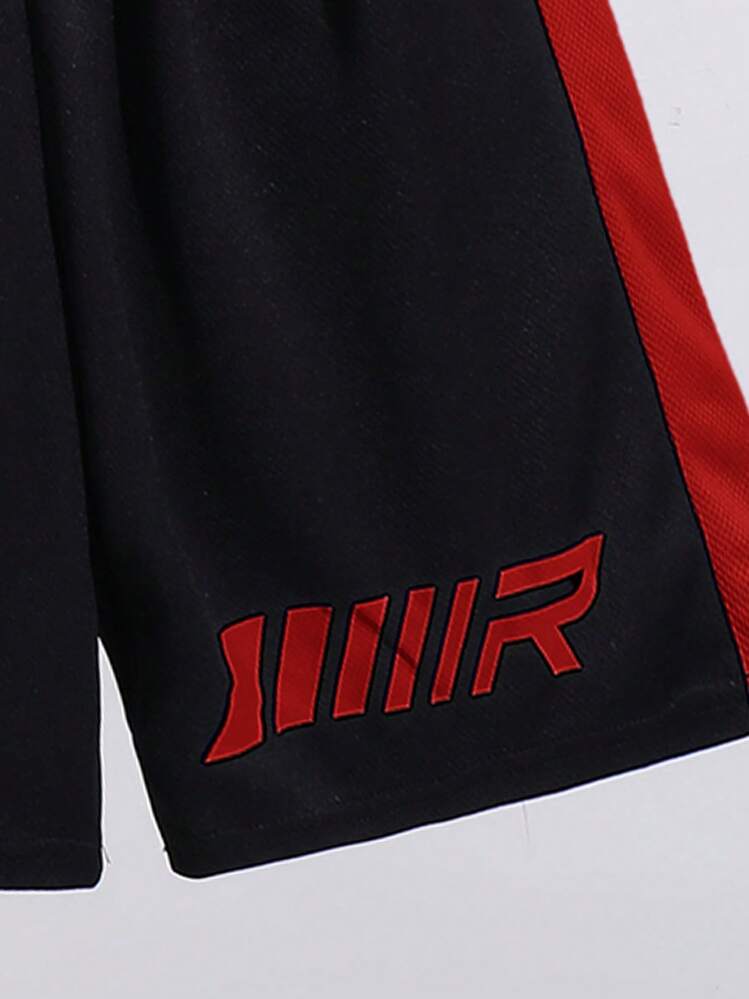 SHEIN 2pcs Tween Boy Splice Sports Textured Vertical Stripe Pattern Short Sleeve T-Shirt And Shorts Set - Red - View 6