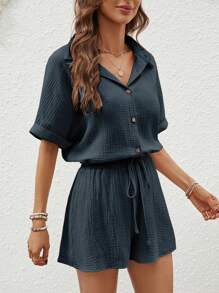 SHEIN LUNE 蝙蝠袖襯衫&前打結短褲 - 藏蓝色 - 查看 2