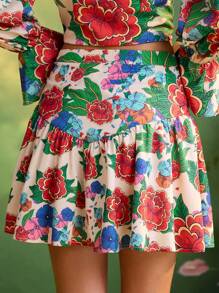 Frida Kahlo X SHEIN X Designer Redefinition 花卉印花高腰荷叶边迷你裙，适合夏季度假海滩度假的女性