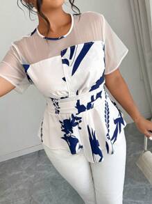 SHEIN Elenzya Áo cánh chiffon họa tiết hoa viền bất đối xứng cỡ lớn - Nhiều màu - Xem 5