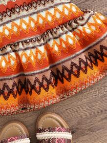 SHEIN Gaun Bayi Perempuan Kasual Sederhana Nyaman Model Halterneck Bergaris Motif Bunga 3D - Jeruk - View 6