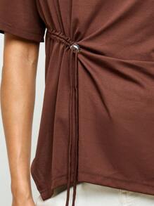 AiiRZ Drawstring Side Ruched T-Shirt Asymmetric Hem Casual Draped Design Fall Winter Essential Basic Top