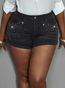 Slaydiva Quần short denim bo gấu đính đá đen cỡ lớn cho nữ, mùa hè - màu đen - Xem 2