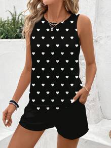 SHEIN LUNE 2 件套女士休闲心形图案圆领吊带背心和短裤套装，适合夏季