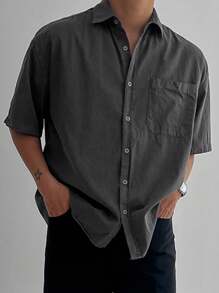 DAZY Men's Solid Color Pocket Short Sleeve Shirt, Minimalist Fashion For Casual Everyday Wear