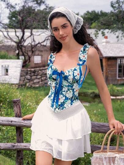 SHEIN Myrelith 1 pieza Top de camisola con estampado floral y decoración de lazo, ropa de vacaciones