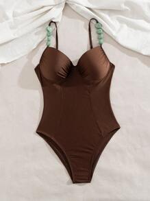 Swim Chiccia 闪亮纯色聚拢泳衣，带不可拆卸衬垫钢圈，前部可调节肩带，优雅适合海滩、泳池、派对，撞色装饰连体比基尼，适合女士 - 棕色 - 查看 5