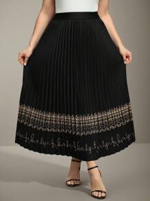 Flouryn Plus Size Women's Black Pleated Pattern Elastic Waist Casual Skirt For Outdoor, Commute, Work Maxi Fall Cloth For Women - Multicolor - View 1