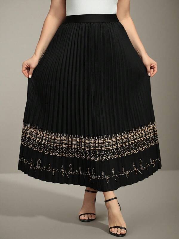 Flouryn Plus Size Women's Black Pleated Pattern Elastic Waist Casual Skirt For Outdoor, Commute, Work Maxi Fall Cloth For Women