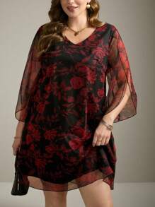 Flouryn Plus Size Women Boho Contrast Color Print Mesh Elegant Dress, Romantic Resort Wear Spring & Summer - Red - View 4