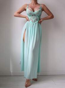 SHEIN 2pcs/Set Women Lace Mesh Sexy Sleepwear Set (Wireless Bra & G-String) - Green - View 7