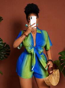 Maweii 2件套大码女式渐变色系带短款上衣和短裤